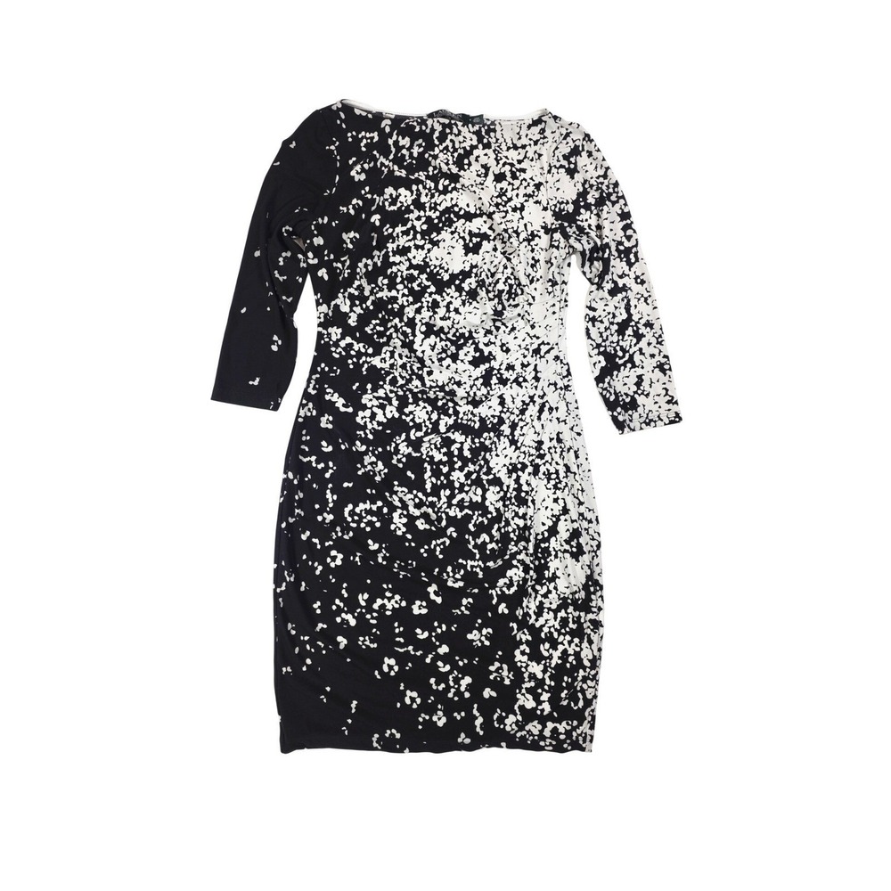Lauren Ralph Lauren Black White Floral 3/4 Sleeve Sheath Dress Womens 4
